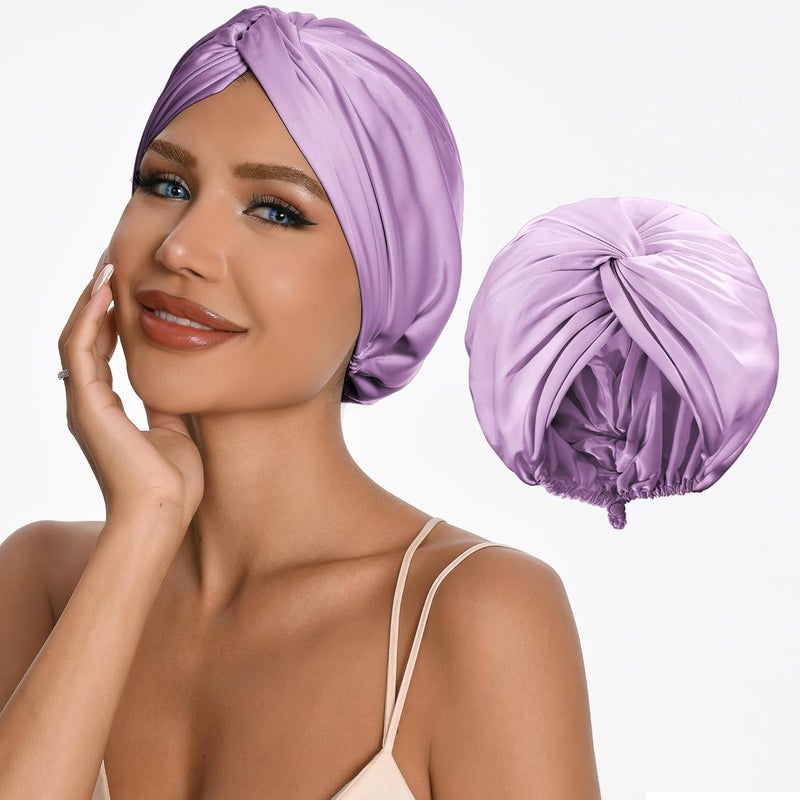elio Adjustable Silk Satin Hair Bonnet for Sleeping with 5% Mulberry Silk – Double Layer Hair Cap for Women & Men, Extra Smooth Night Cap for Curly, Braided, Natural Hair – Silk Shower Cap (Lavender) - Image 1